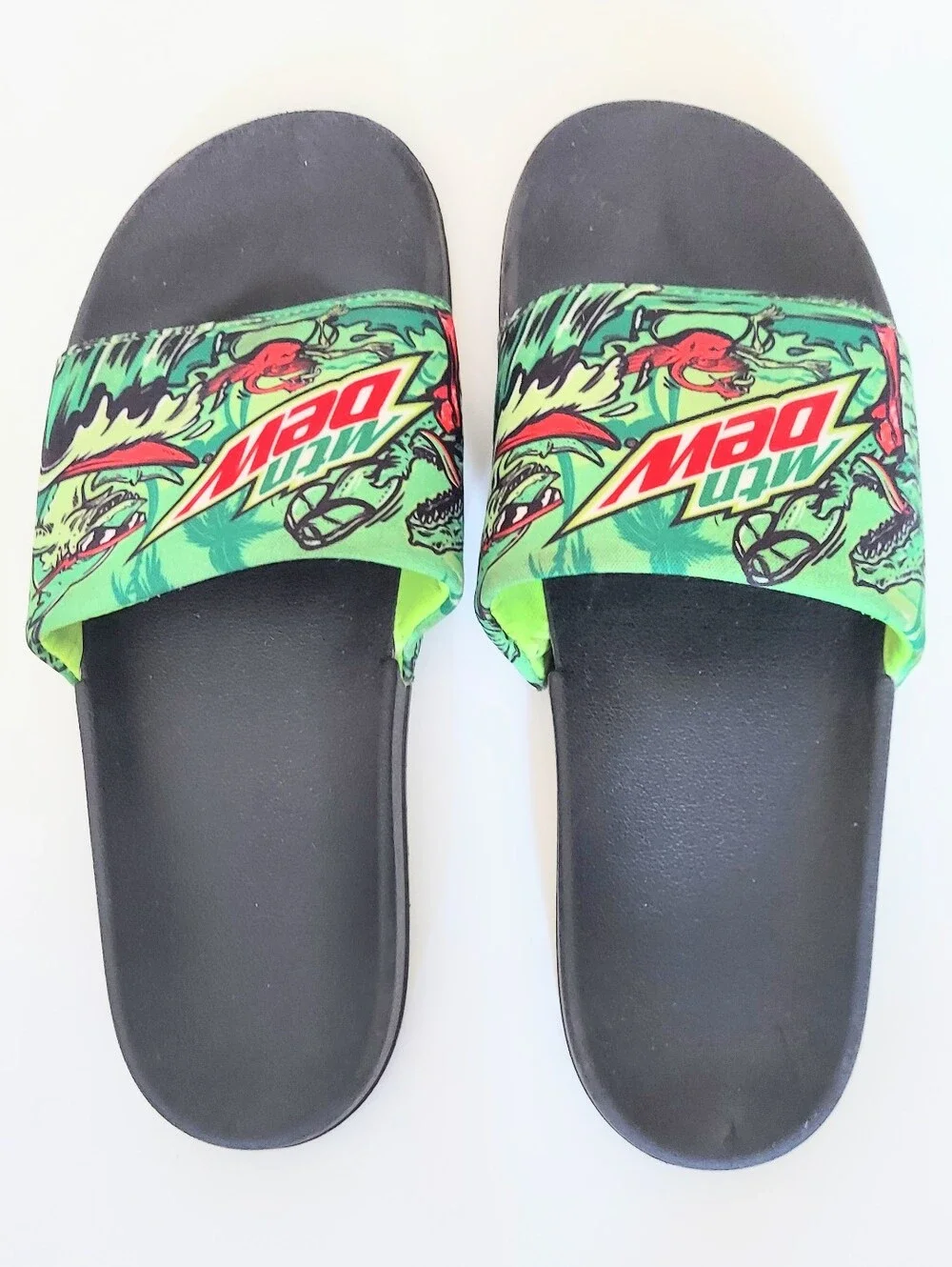 Mountain Dew Slide On Sandals Shoes Non Slip Black & Green Size 11